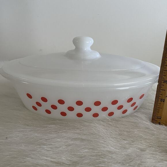 Vintage Glasbake White 1 Quart Casserole Dish W/ Lid Red Polka Dots Rare - Picture 7 of 8